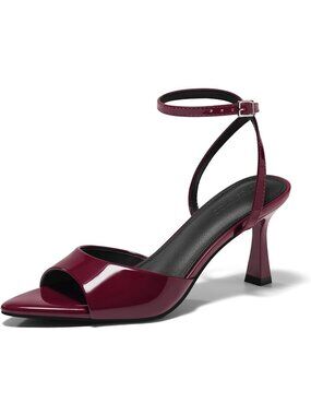 Women's Wine Red Kitten Heels Pointed Open Toe Buckle Strap Summer Party Sandals
